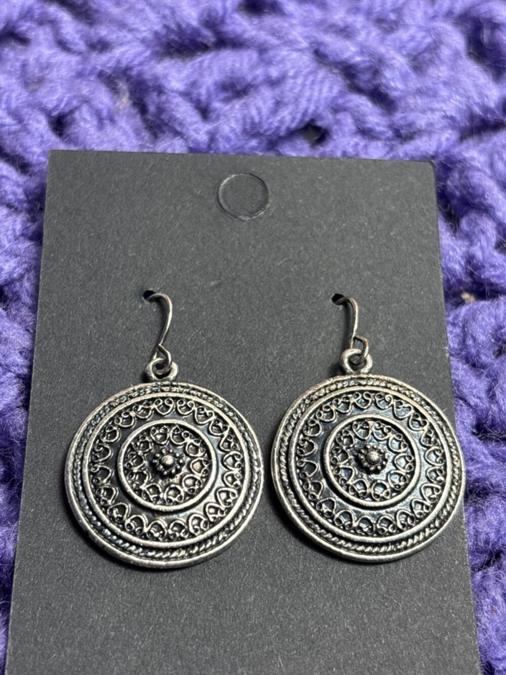 Silvertone Textured Circle Medallion Dangle Earrings 1 inch